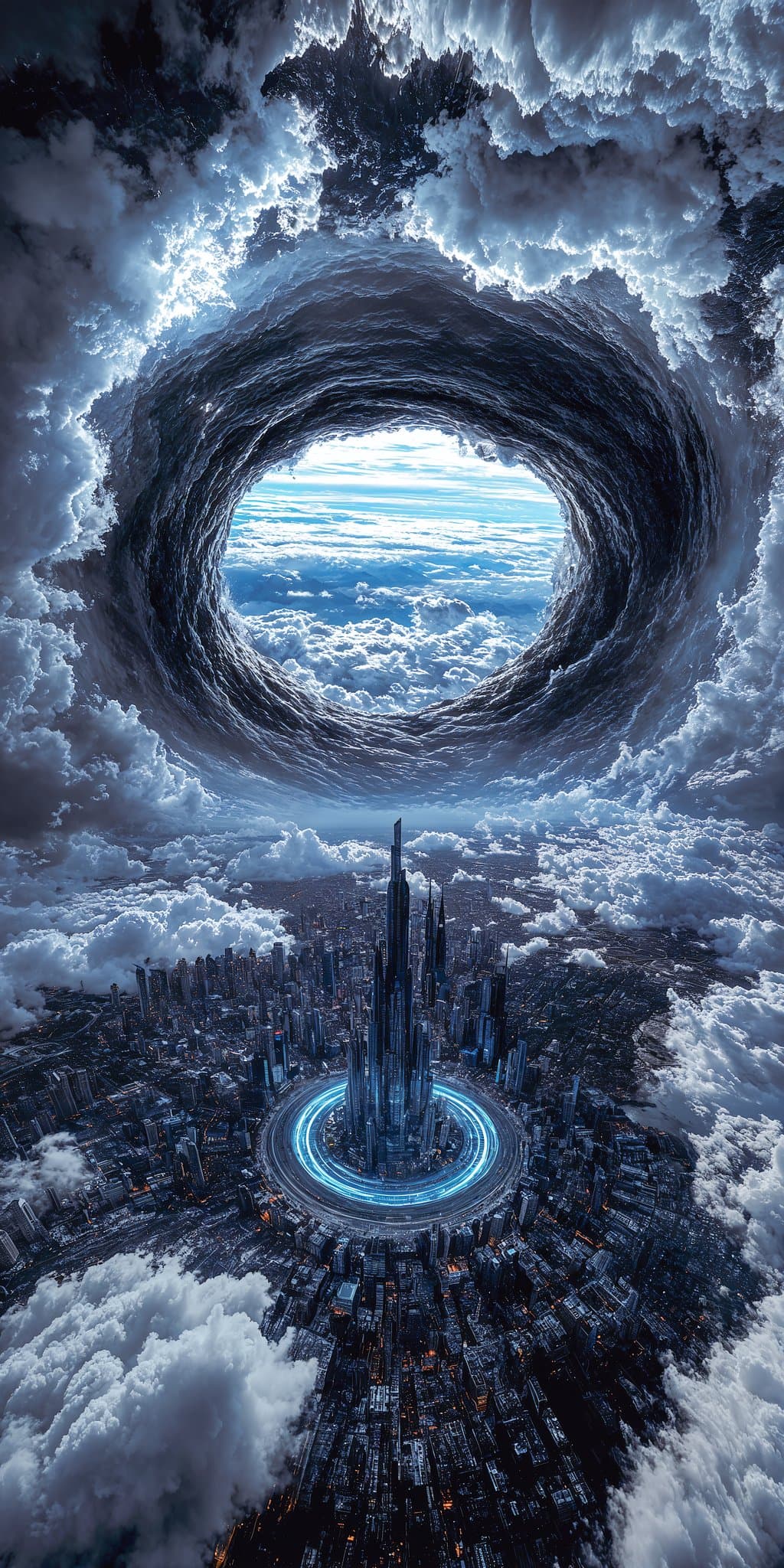 A massive vortex over the city breaks through the storm clouds.