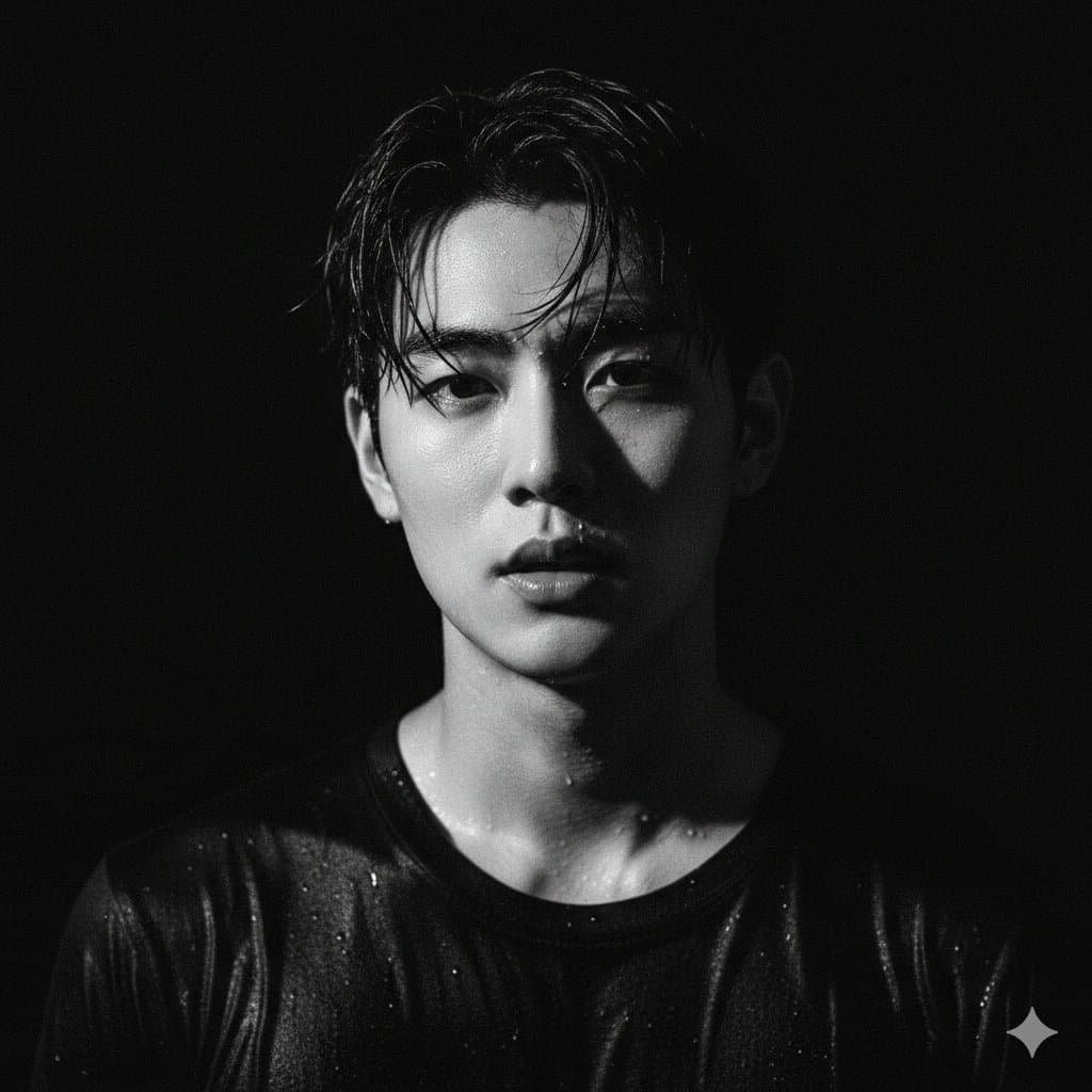 A highly dramatic black and white close-up portrait