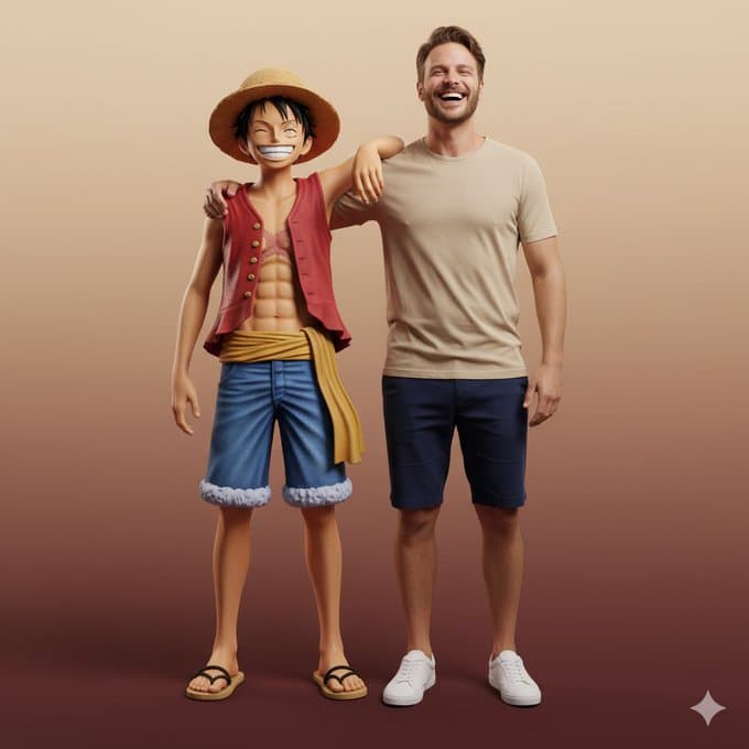 A hyper-realistic full-body portrait interacting with Luffy