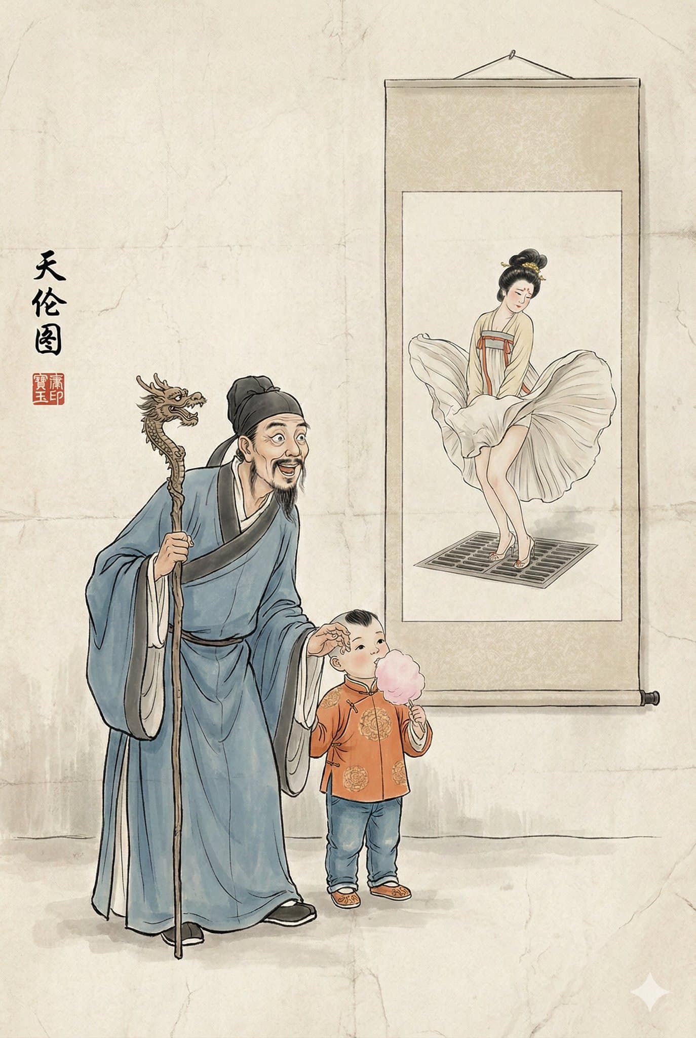 Family Bliss in Playful Ink Wash Painting