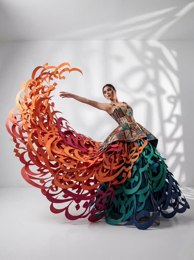 Wearing a stunning avant-garde conceptual gown