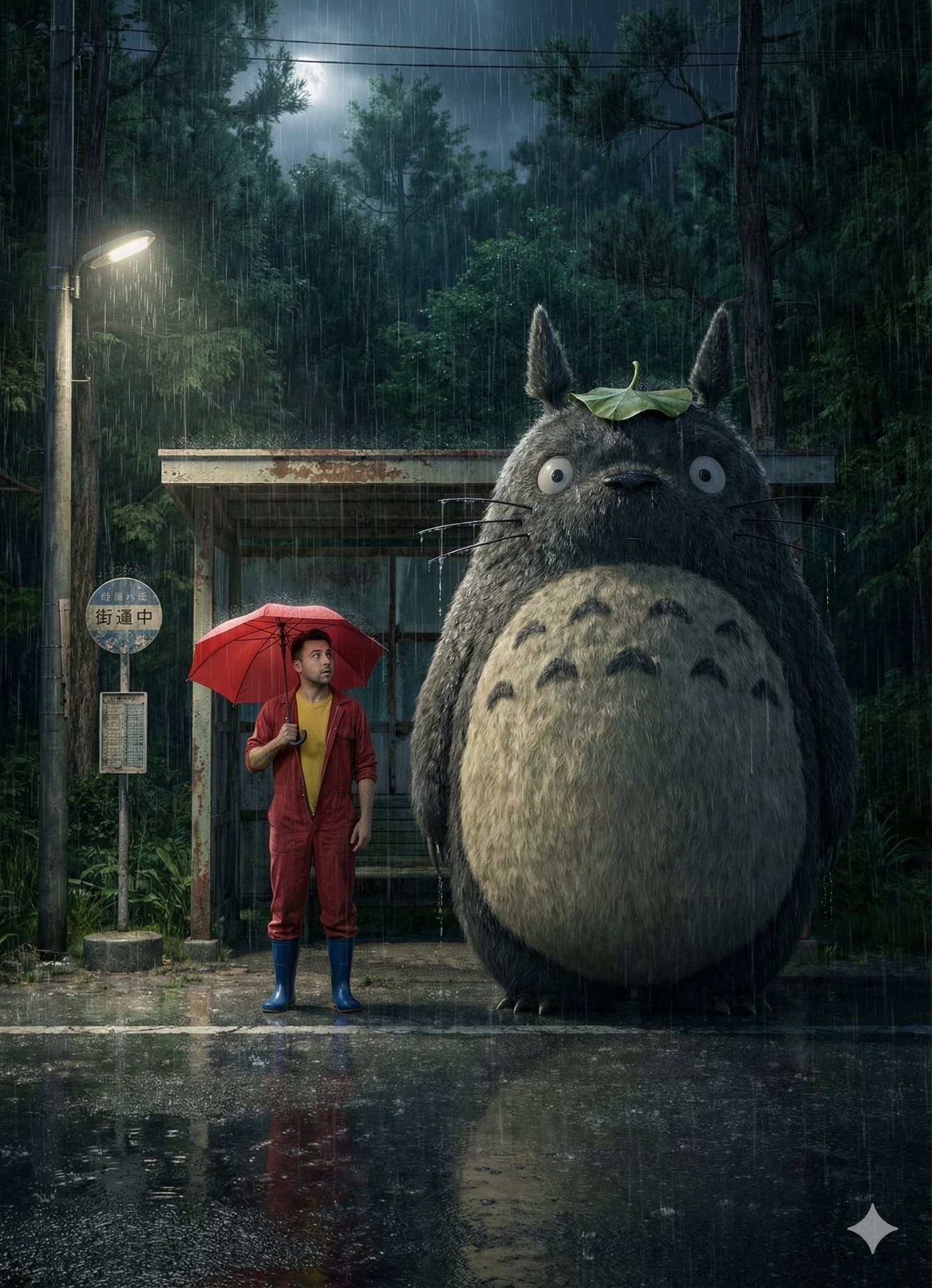 A rainy night scene at a rural Japanese bus stop