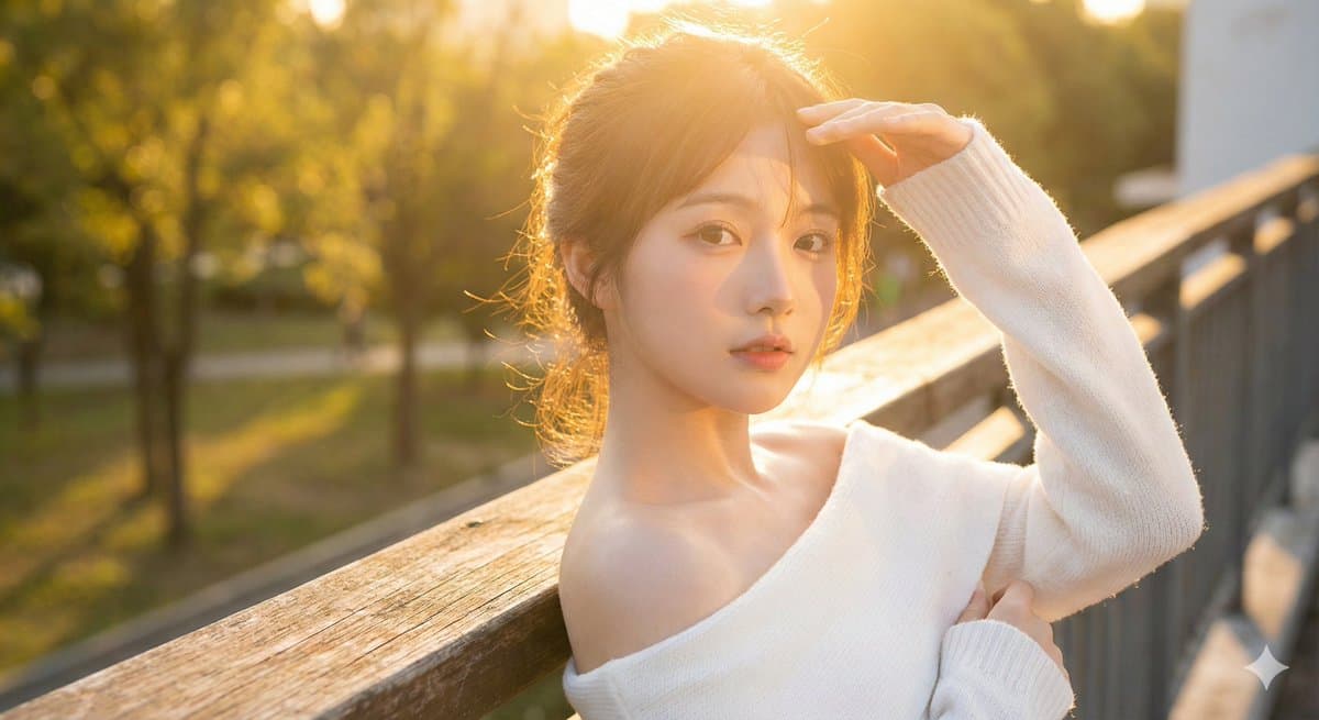 A sunny girl in a white knit top.