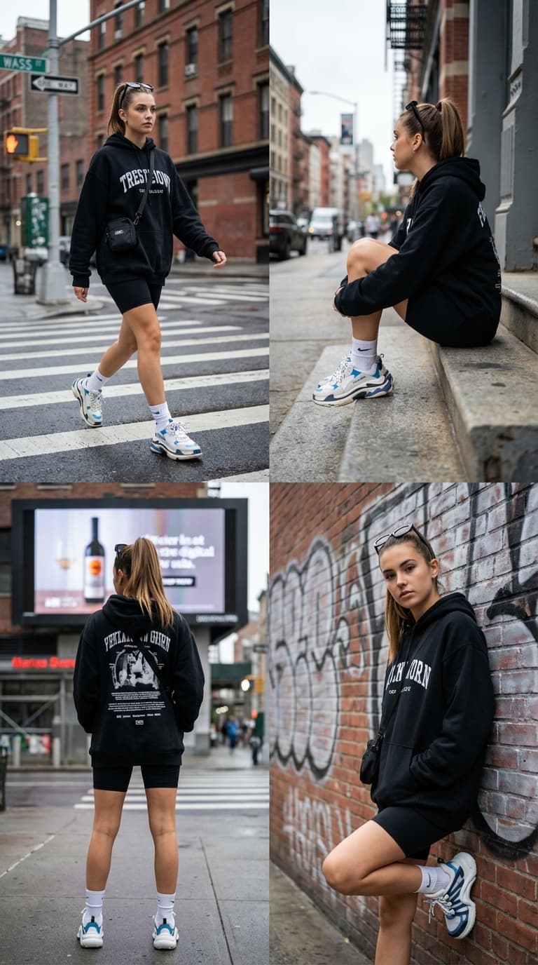 A four-piece collage depicting scenes from a fashionable woman's daily life
