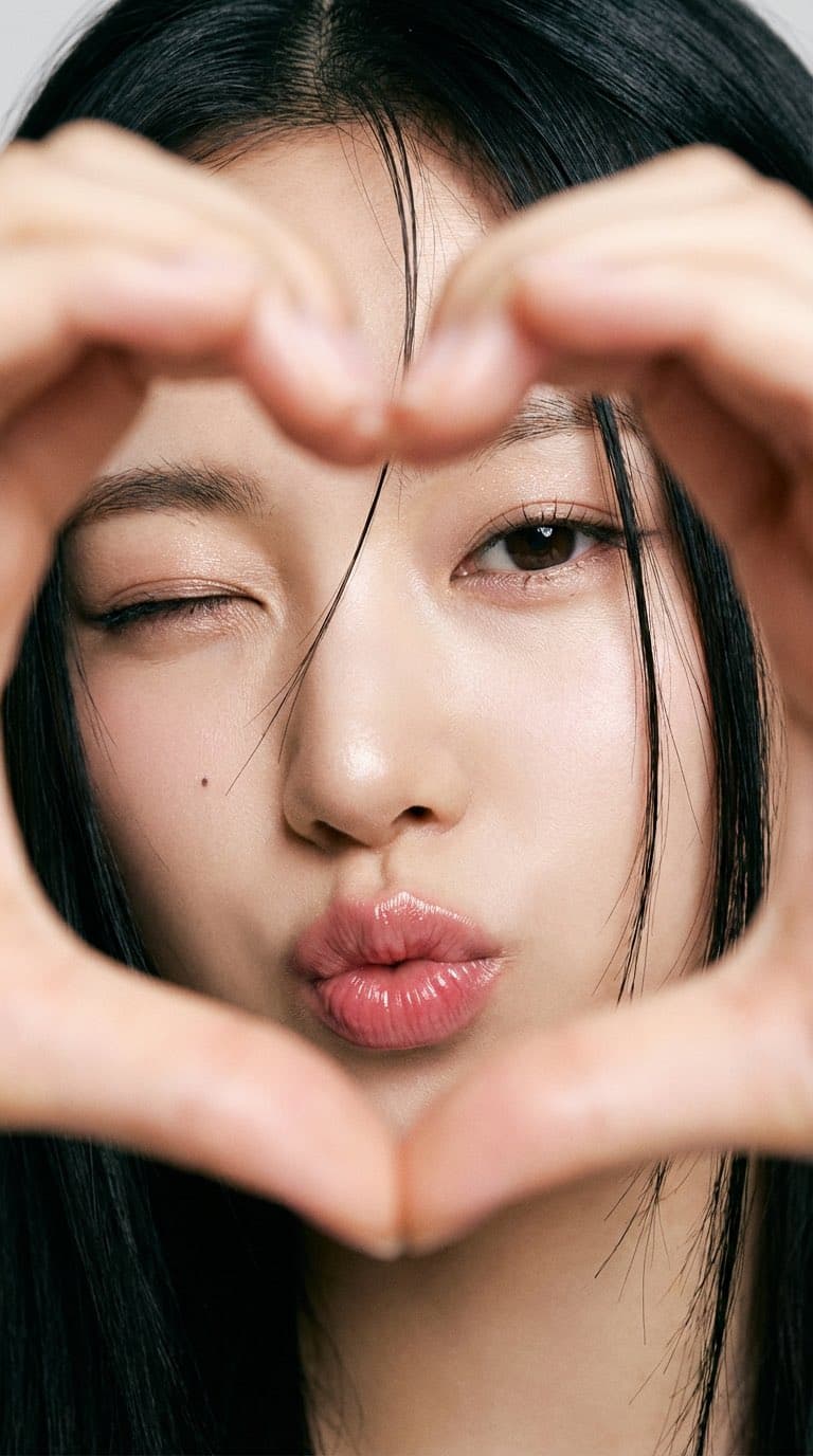 The girl forms a heart shape with her hands.