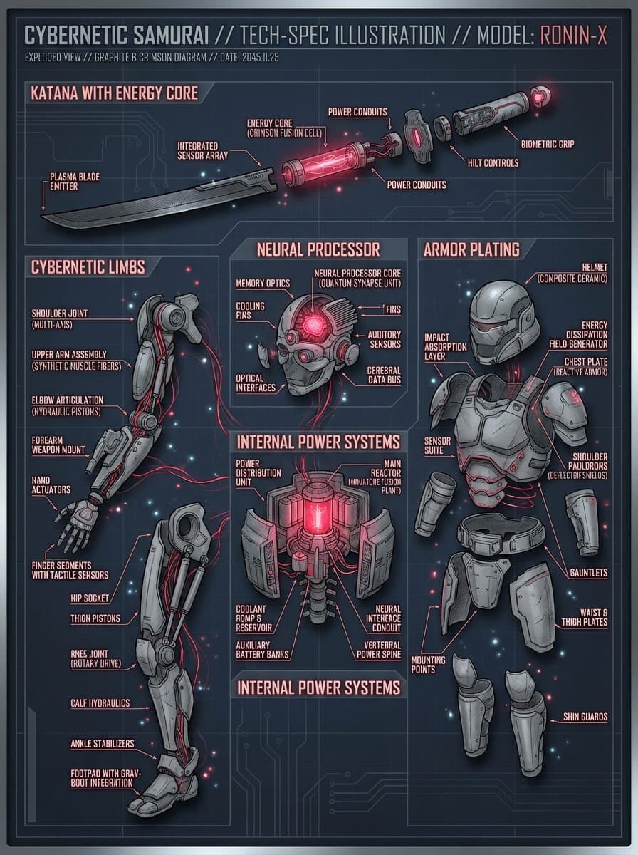 A detailed technical diagram of a cyber samurai