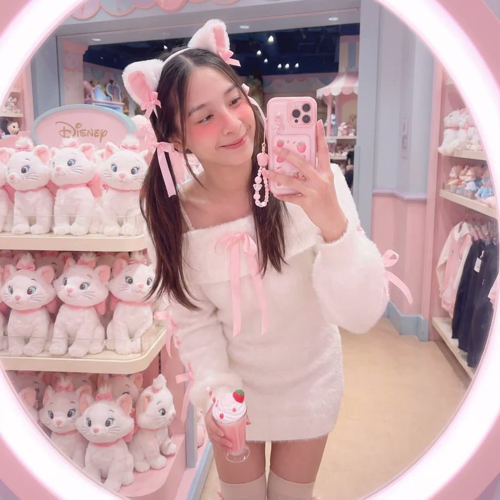A woman takes a selfie in front of a mirror at the Disney store.