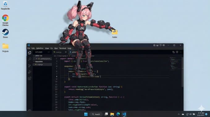 The mascot is sitting on the operating system window frame.