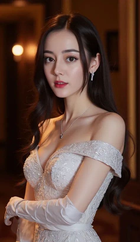 The woman is wearing a white off-the-shoulder lace wedding dress.