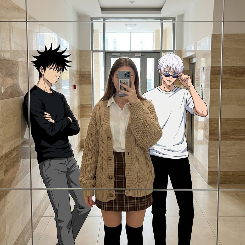 Reality-warping mirror selfie blending multiple media elements