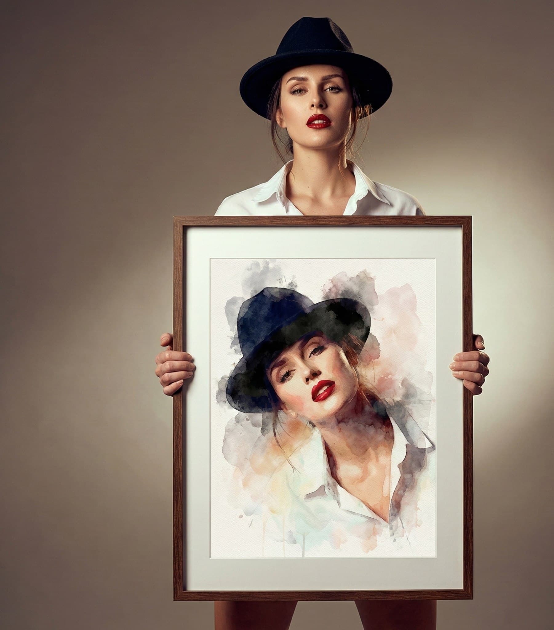 The woman holds a wooden photo frame of herself.