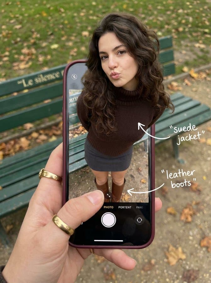 A woman is emerging from her phone screen.