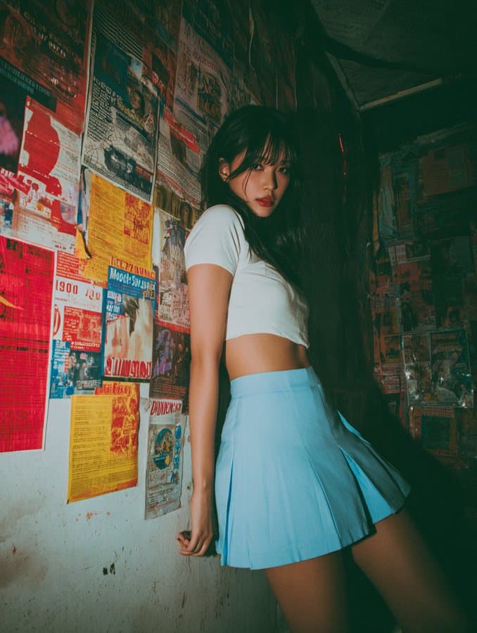 Beauty in a pleated mini skirt