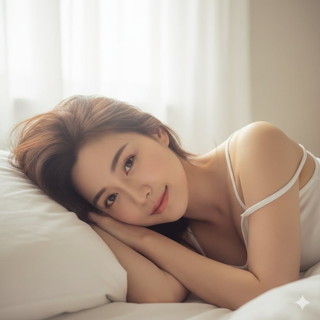 Sleepy-eyed girl on a white pillow