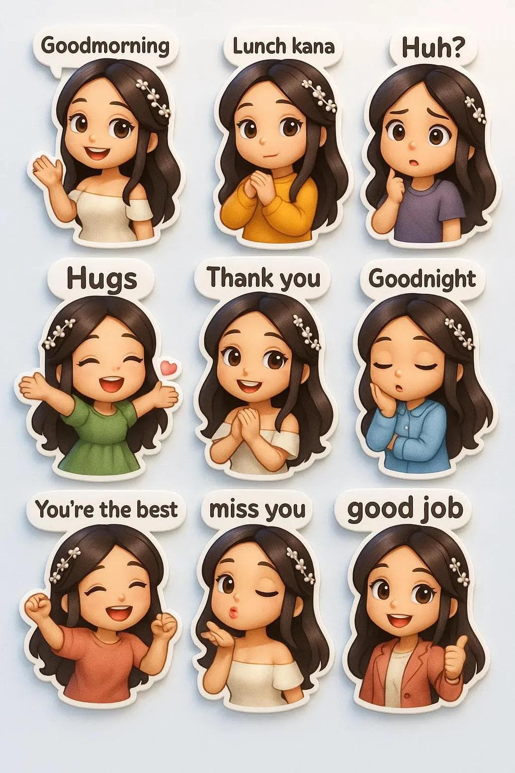 Nine different chibi stickers with various outfits, poses, and expressions