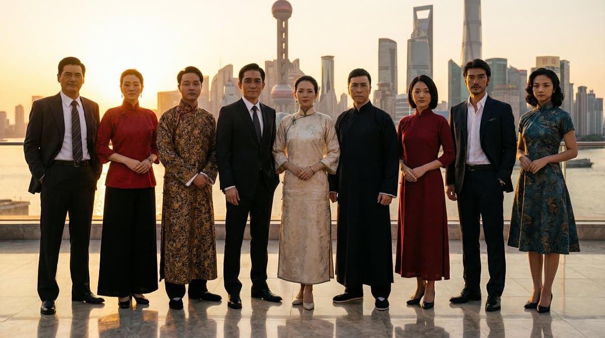 Taking a group photo wearing the clothes that made us famous at Shanghai's Bund