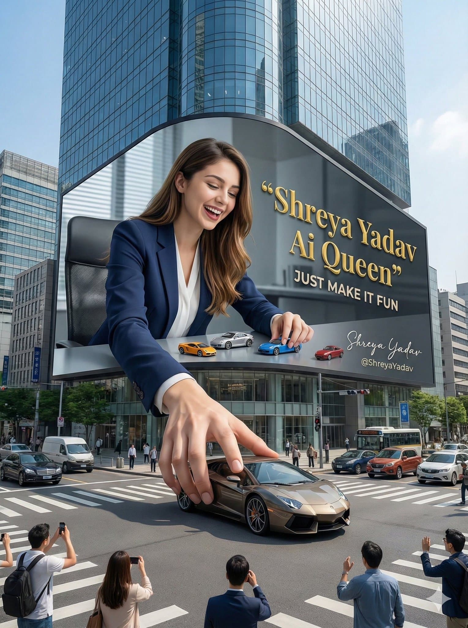 A lady on a massive, stylish curved 3D billboard