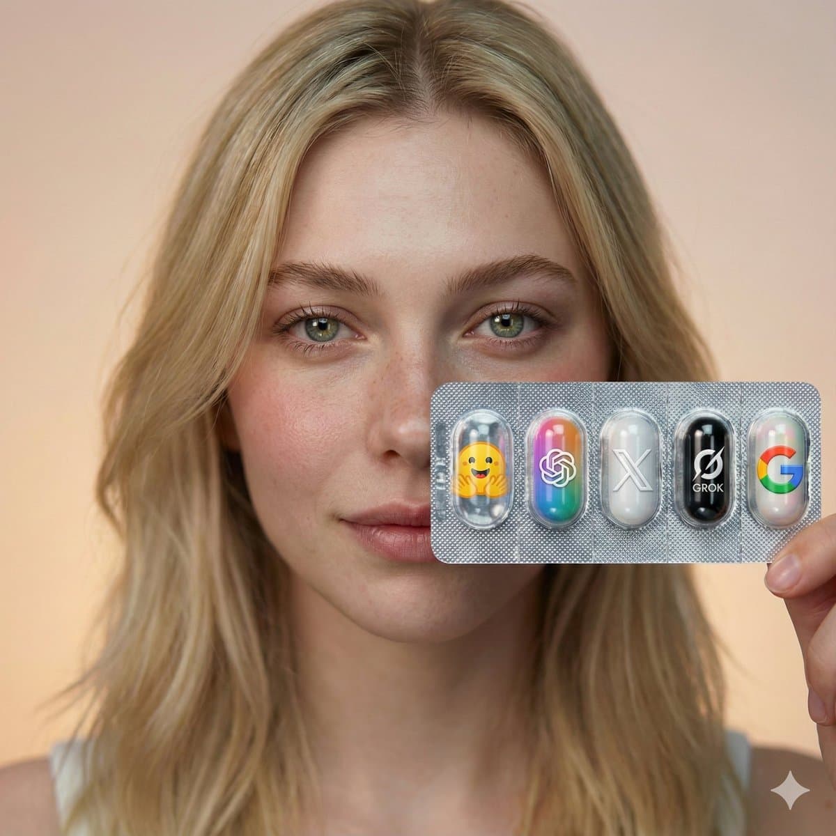 A woman holds a blister pack close to the camera.