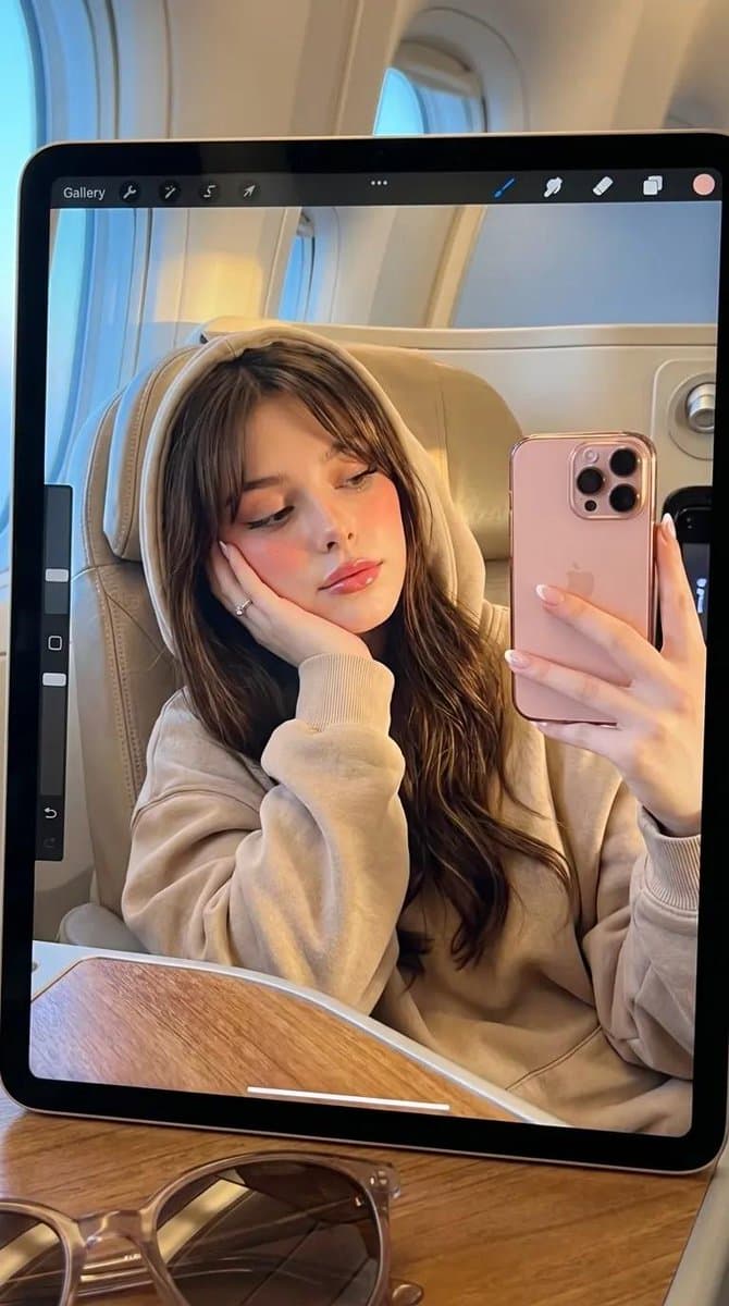 The woman's reflection appears on the iPad screen resting on the airplane's fold-down tray table.